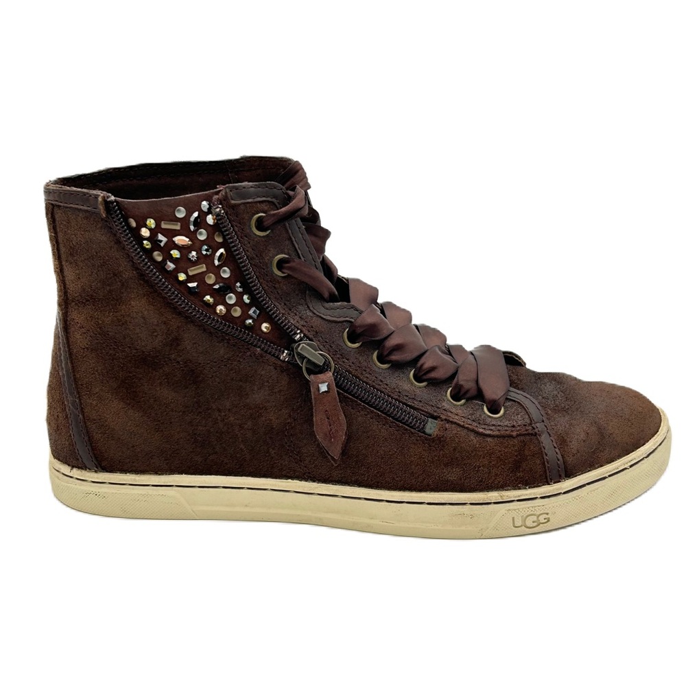 Ugg Blaney Crystals Leather High Top Sneaker Shoe Women US Size 8.5 Brown Suede